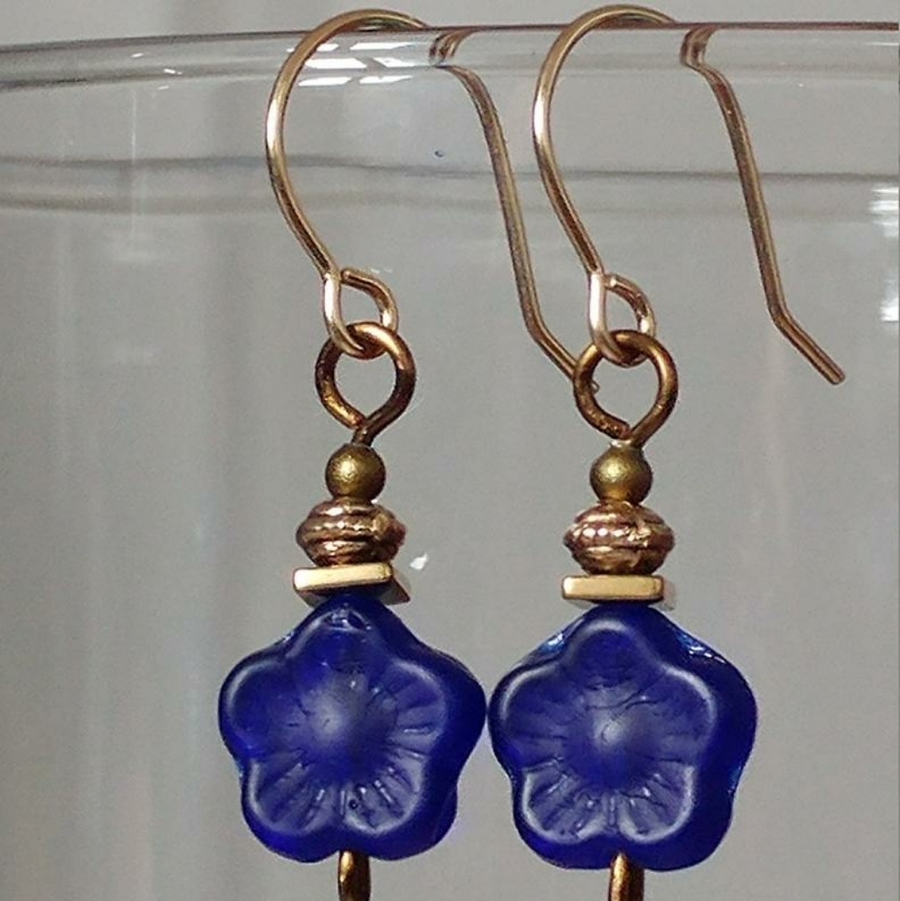 Cobalt Blue Glass Cherry Blossom Gold Earrings